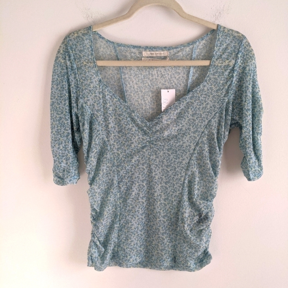 UO Floral Sheer Mesh Ruched Blue Sweetheart Top L Y2k Baby Tee